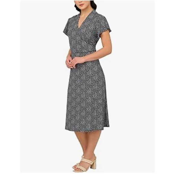 Adrianna Papell Women's M Flutter Sleeve Dot Printed Midi Dress Black White Twee - Picture 2 of 12